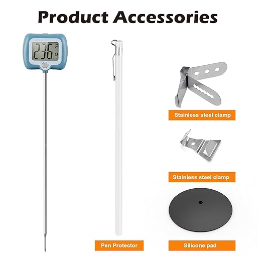 Digital Candy Thermometer with Adjustable Display, 304 Stainless Steel Probe, -58°F~572°F, Blue Body, Includes 2 Pot Clips & Heat-Insulating Pad for Sugar Syrup, Jam, Chocolate, Frying Oil