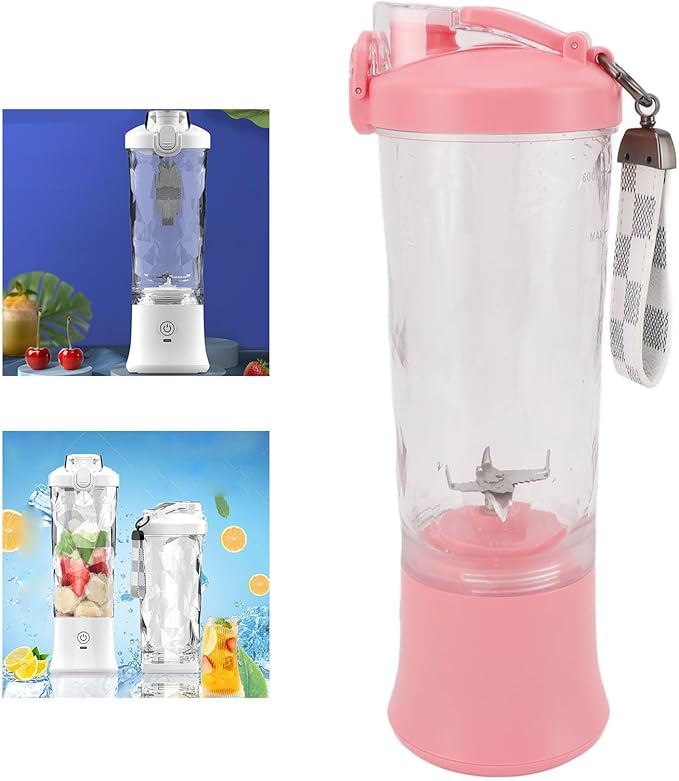 600ml Portable Blender 150W 18000RPM USB Rechargeable 4000mAh 2 Modes Mix & Pulse Mini Juicer Cup with Leak Proof Lid White Pink (Pink)