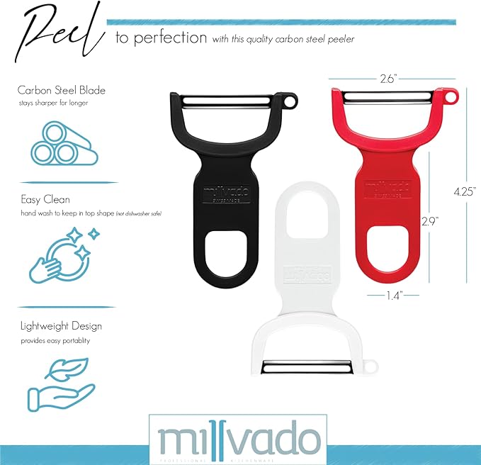 Vegetable Peeler, Swiss Made Sharp Peelers for Kitchen, Set of 3 Y Peeler for Potatoes, Apple Peeler, Vegetables, Fruits, Carbon Blade, Dishwasher Safe