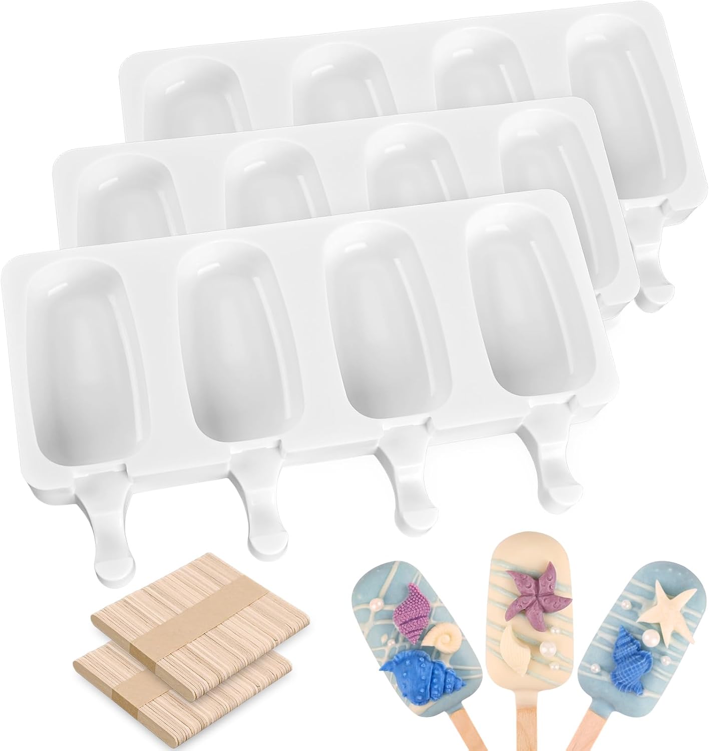 Sakolla Small Popsicle Silicone Molds, 4 Cavities Homemade Ice Cream Molds with 100 Wooden Sticks for Ice Pop, Cakesicles, Cake Pop (Set of 3, White)