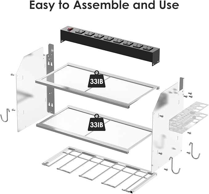 CCCEI Modular Power Tool Organizer Wall Mount with Charging Station. Garage Drill Storage Shelf with Hooks, Heavy Duty Rack, Tool Battery Holder Built in 8 Outlet. Gift for Men. Silver, 1 Pack.