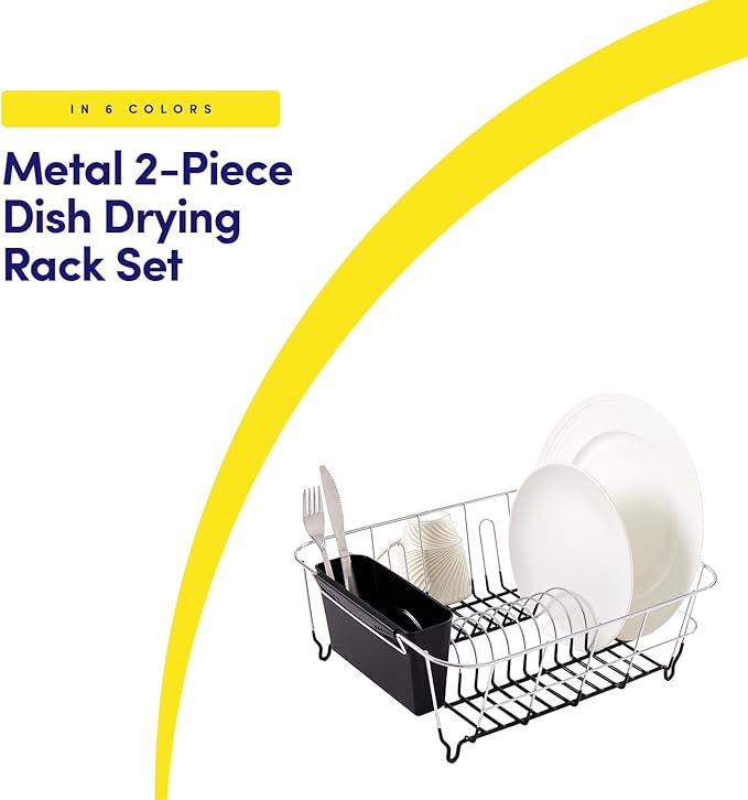 Sweet Home Collection 2 Piece Dish Drying Rack Set Drainer with Utensil Holder Simple Easy to Use Fits in Most Sinks, 14.5" x 13" x 5.25", Black