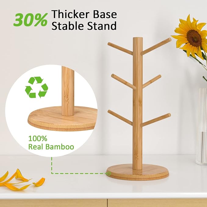 Wisuce Bamboo Mug Tree with Thicker Base - Countertop Coffee Cup Stand with 6 Hooks