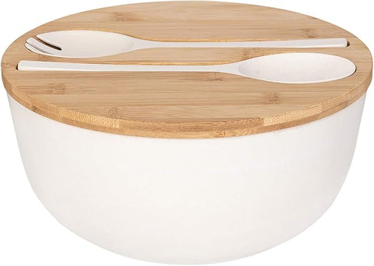 GEHE Bamboo Salad Bowl with Servers Set - Large 9.8 inches mixing bowls Solid Bamboo Salad Wooden Bowl with Lid Spoon for Fruits,Salads and Decoration (White, 9.8INCH)