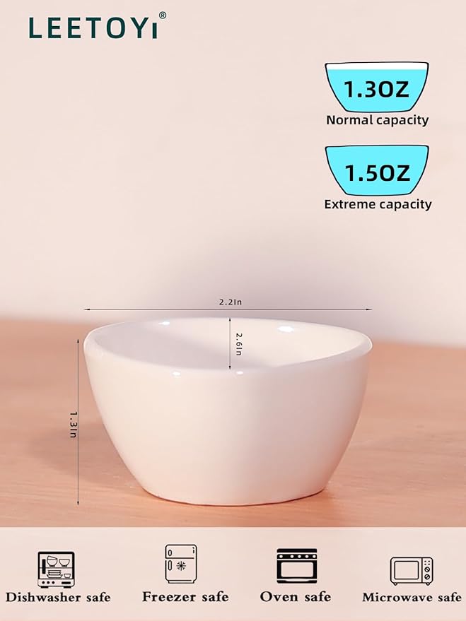 LEETOYI Mini Ceramic Ramekins Souffle Dishes 1.5 OZ, Small Dipping Bowls, Sauce Dip Bowls for Kitchen Serving Sauce Condiments, Oven & Microwave Safe, Set of 6, White