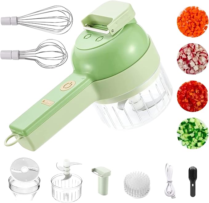 Arigold 4 in 1 Vegetable Chopper: Cordless Mini Chopper, Food Dicer, garlic mincer & garlic chopper - Versatile Vegetable Slicer, Dicer, grape cutter. comes with Egg & Cream Beater. (Green 1Speed)