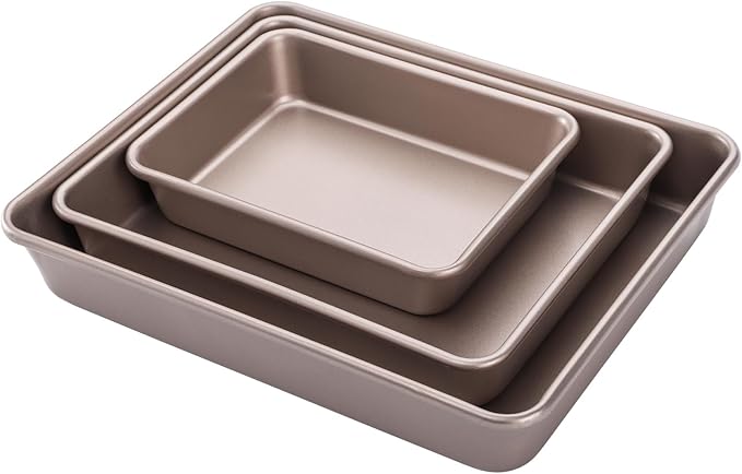 Dicunoy Set of 3 Deep Baking Pans, Nonstick Rectangle Cake Baking Sheet for Oven, Bakeware Bread Pans, Heavy Duty Carbon Steel Bread Tray, Bake Mold Turkey Roasting Pan, 8,11,12 inch