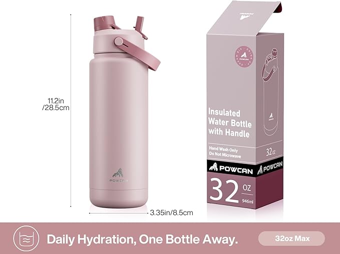 POWCAN 32 oz Insulated Water Bottle with 2-in-1 Straw and Spout Lid, Keep Cold 24H, Leak-Proof, BPA-Free, Double Wall Stainless Steel Water Bottle for Sports, Gym, Travel, and School (Dried Rose)