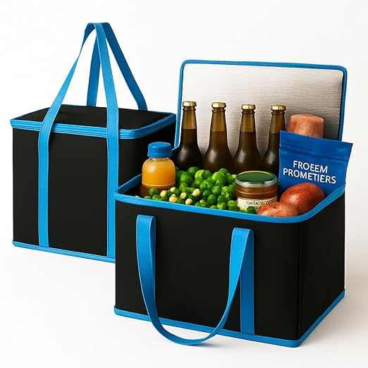 musbus XL-Large Insulated Grocery Shopping Bags, Black, Reusable Bag,Thermal Zipper,Collapsible,Tote,Cooler,BLACK BLUE