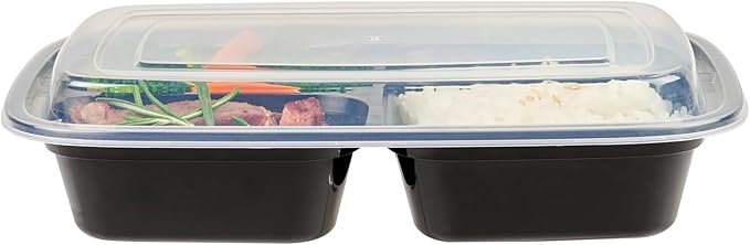 Restaurantware-Asporto 26 Ounce Compartment Take Out Boxes, 50 Microwavable Meal Prep Containers - 3 Compartments, With Clear Plastic Lids, Black Plastic Food Containers, Do Not Contain BPA