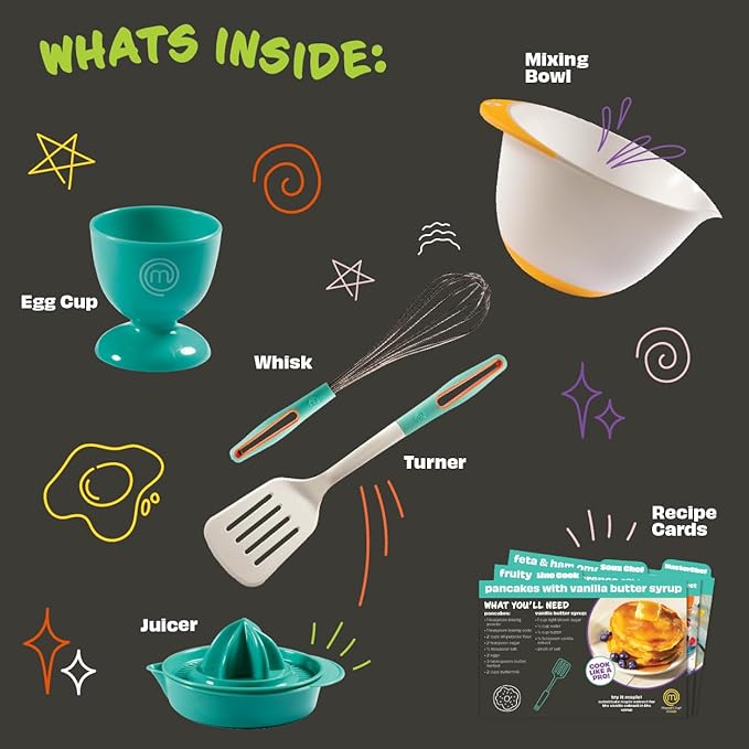 MasterChef Junior Breakfast Cooking Set- 6 Pc Kit w Real Cooking Tools for Kids & Recipes- Includes Spatula, Mixing Bowl, Whisk, Egg Cup, Juicer- Make Pancakes, Crepes & More- Fun Breakfast Essentials
