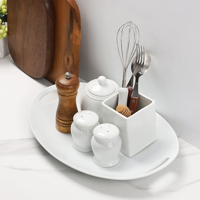 Buyajuju Porcelain Serving Platter with Handles, 14" serving dishes for entertaining, Oval Serving tray for Salad, Stew, Fruits and Pasta, Set of 2, White