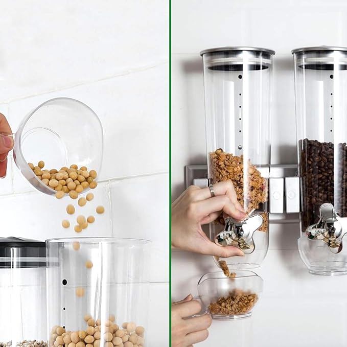 Milky House Food Dispensers Wall Mount, 2 Pack Dry Cereal Dispenser, Convenient Storage Dual Control for Cereal Nuts, Coffee Beans Trail Mix Candy Oatmeal Rice Pasta Candy Container, Cereals Bank 3L
