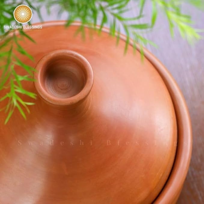 Swadeshi Blessings Unglazed Clay Tajine Pot for Cooking with Lid/LEAD-FREE Earthen Tajine/Clay Tagine Cookware for baking +FREE ASH For Cleaning