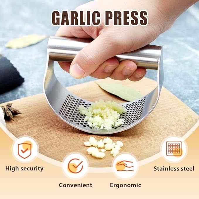 Stainless Steel Garlic Press, 2026 Upgrade Garlic Press Rocker Heavy Duty Stainless Steel Garlic Mincer, Heavy Garlic Chopper with Peeler And Cleaning Brush (With Corkscrew)