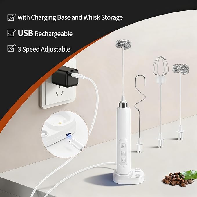 Rechargeable Milk Frother Handheld with 3 Detachable Stainless Whisks, 3 Speed Adjustable Drink Mixer, Mini Frother Wand for Coffee, Matcha, Protein Shakes, with Charging Base and Whisk Storage