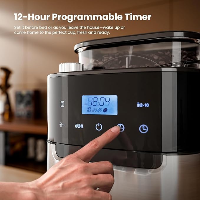 Kismile 10-Cup Digital Drip Coffee Maker with Built-In Grinder, Programmable, 12H Timer, Keep-Warm Function, Customizable Strength & Grind Size, Coffee Machines with Smart LED Touchscreen