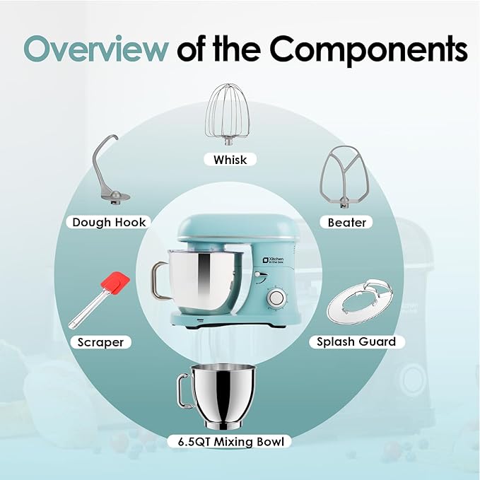 Kitchen in the box Stand Mixer - 6.5 Quart Mixing Bowl with Handle, 900 Watt Heavy Bread Dough Standing Mixers Tilt-head with Dough Hook, Whisk, Flat Beater and Splash Guard (Blue)