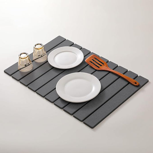 Large Stone Drying Mat for Kitchen Counter, 24''L x 16''W Diatomaceous Earth Collapsible Dish Drying Mat, Quick Drying Mat, Glasses and Flatware, Matches Any Countertop (Dark Gray, 24'' x 16'')