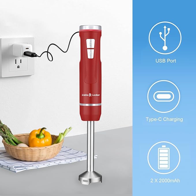 Liebe&Lecker Immersion Blender Handheld Cordless, 3 in 1 Cordless Hand Blender, 8 Speed Emulsion Blender Handheld with Whisk Milk Frother for Soup Smoothie Red