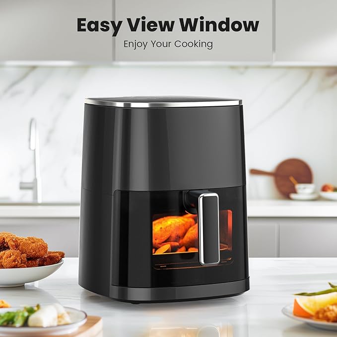 Sweetcrispy 6QT Air Fryer with Window, Square Airfryer Oven 12-in-1 for Family, 400°F Rapid Air Crispy Technology, Roast Bake Dehydrate, Nonstick & Easy-Clean Basket, Black