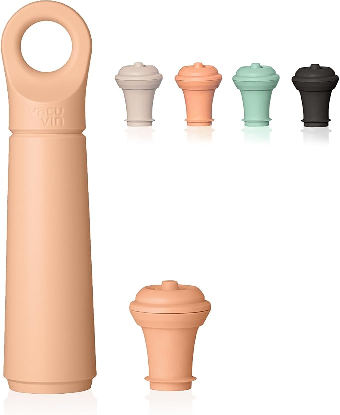 Vacu Vin Wine Saver Loop - Designed and Made in the Netherlands - Vacuum Wine Stopper Keeps Your Wine Fresh for up to 10 Days - Reusable, Made with 98% Recycled Material - 1 Pump, 5 Stoppers, Terra