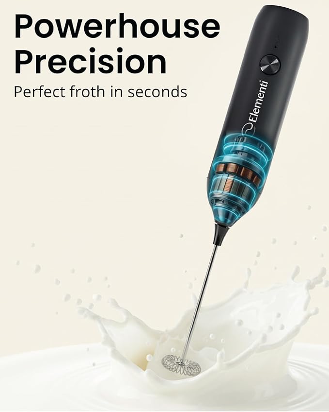 Elementi Milk Frother Wand Rechargeable Drink Mixer - Powerful USB-C Rechargeable Frother Handheld & Coffee Mixer Wand - Hand Held Milk Foamer to Make Perfect Cappuccinos, Lattes & Drink Mixes (Black)
