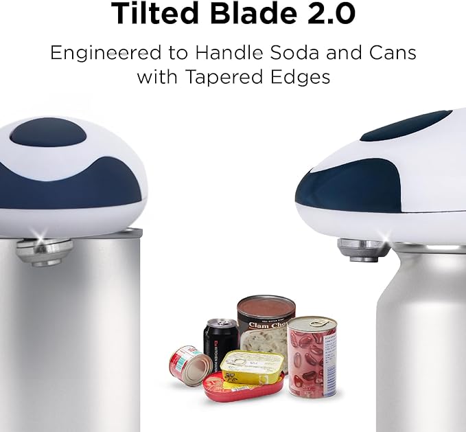 Kitchen Mama Auto 2.0 Electric Can Opener: Blade Opens Almost Any Can Pop or Soda Can - Automatic, Hands Free, Safe, Smooth Edge, Lid Remover, Battery Operated, Cordless, YES YOU CAN (Navy Blue)