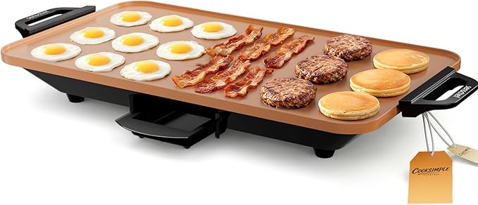 CookSimple Everyday 20"x12" Electric Griddle–1700W Nonstick PPG Ceramic Surface, Large Flat Design, Perfect for Family Meals, Pancakes&Eggs, Fast Even Heating, Easy to Clean, Ceramic Copper