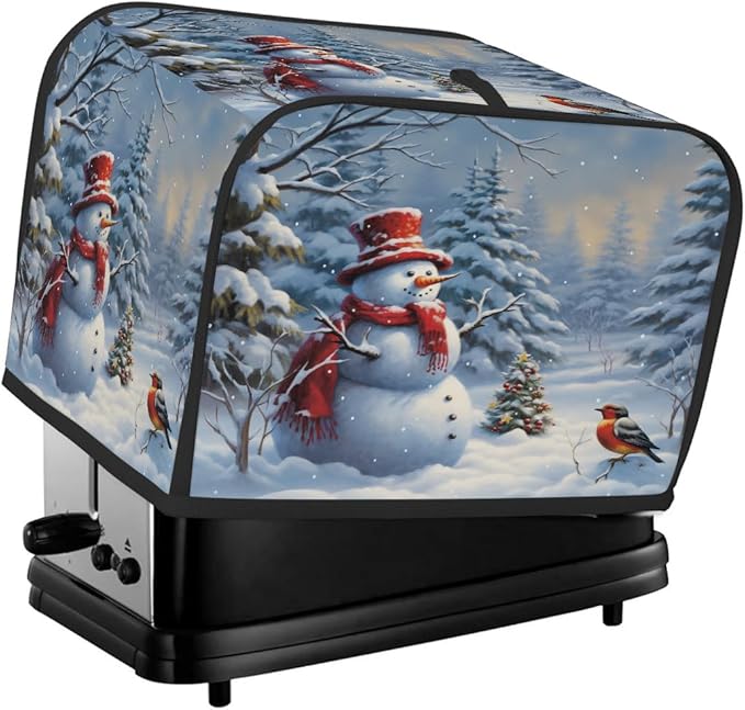 4 Slice Toaster Cover,Snowy Forest Christmas Tree Snowman Bird Small Kitchen Appliance Bread Machine Cover with Pockets,Dust & Fingerprint Protection