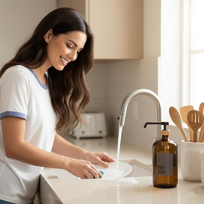 SAVVY & SORTED Amber Glass Dish Soap Dispenser for Kitchen Sink 1 Liter, Large Kitchen Soap Dispenser Set with Permanent Label, Refillable Glass Bottle for Dish Washing Liquid, 34 Fl Oz