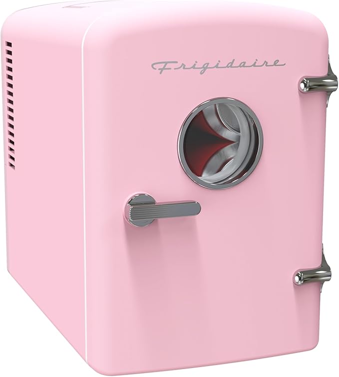 Frigidaire Retro 9-Can Mini Personal Fridge Portable Cooler for Car, Office, Bedroom, Dorm Room, or Cabin, 11.8" D x 7.1" W x 10.1" H, PINK