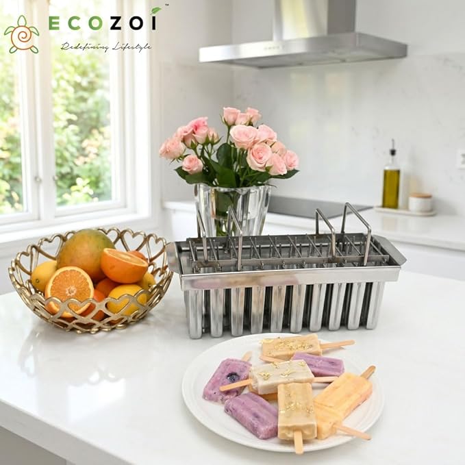 Ecozoi Stainless Steel Popsicle Molds, 20 Piece Set with Standing Rack, 50 Reusable Bamboo Sticks, 40 Silicone Sleeves, Plant Based Cleaning Brush