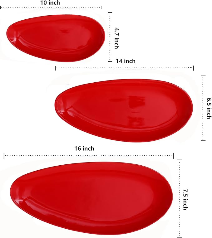 vicrays Large Oval Serving Platters, 16"/14"/10" Porcelain Serving Platters for Party, BBQ,Stackable Serving Trays Serving Plates for Appetizers, Sushi, Restaurant, Dessert, Set of 3 (Red)