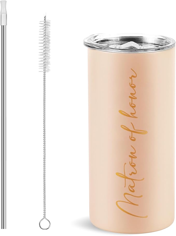 Bridesmaid Gifts Matron of Honor Cups Bridesmaid Proposal Gifts Wedding Bachelorette Party Favors Stainless Steel Insulated Skinny Tumbler with Lid and Straw 15 OZ Pink