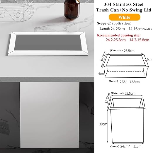 Embedded Countertop Trash Can, Stainless Steel Kitchen Trash Can, Built-in Countertop Trash and Waste Chute, Square Built-in Countertop Trash Can Grommet,White Set