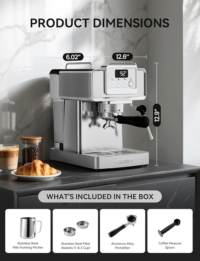 SUMSATY Espresso Machine 20 Bar, Stainless Steel Espresso Maker Professiona Coffee Maker with Power Steam & LED Display for Home Barista, Americano, Latte, Cappuccino Maker, 1.8L Water Tank