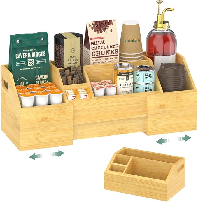 EsLuker.ly Coffee Station Organizer Countertop, Bamboo Extendable Coffee Bar Caddy Condiment Storage, Pods Holder for Home Office, Kitchen Area Nook for Accessories Organizer