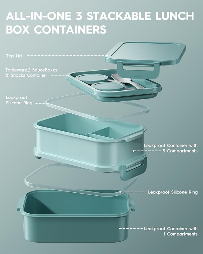 KEMETHY Adults Bento Lunch Box Set with Thermo Bag, 74oz Stackable Leak-proof 3-tiers Bento Box, Built-in Utensil and Sauce Container for Work, School, Dining Out (Green)