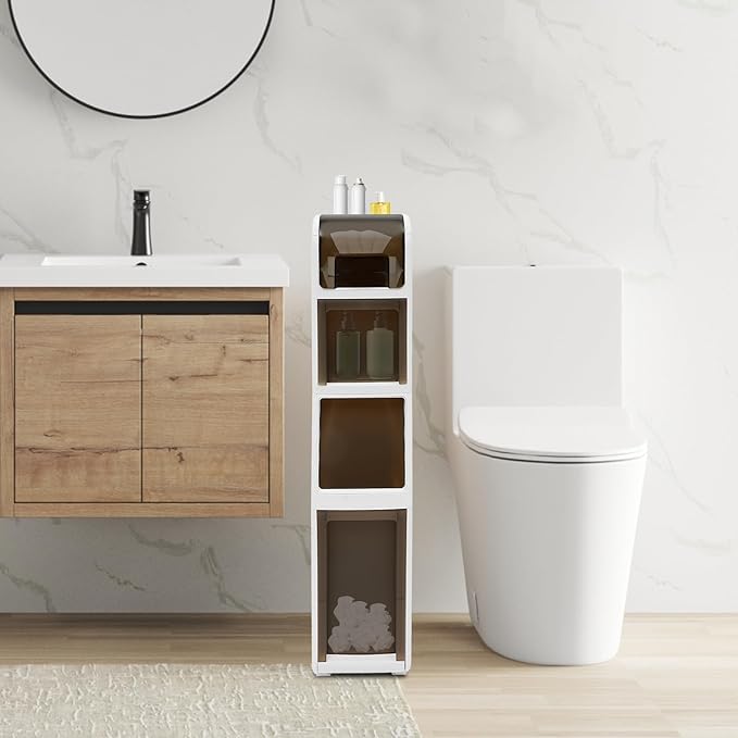 Slim Waterproof Narrow Bathroom Cabinet with Trash Bin Compact Design with Drawers and Toilet Paper Holder Movable Bathroom Organizers for Small Spaces (4Tier/31.5in H)