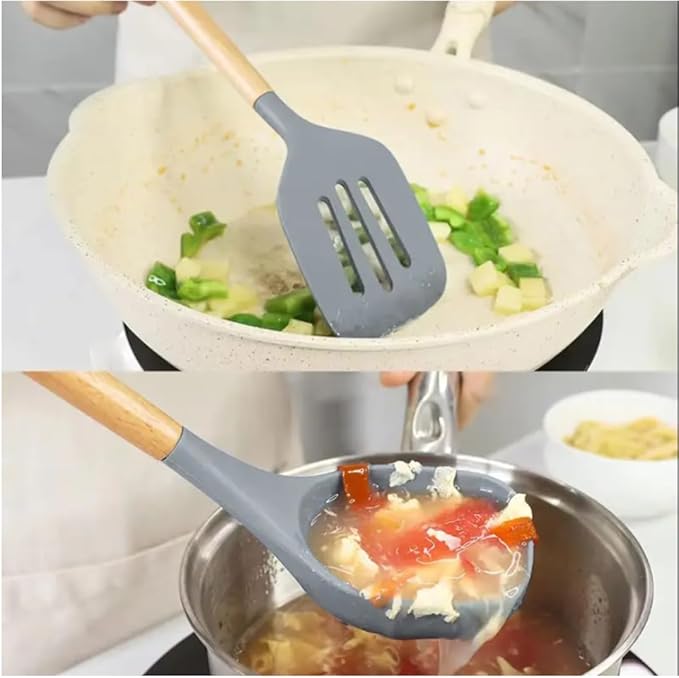 Premium Silicone Kitchen Utensil Set – 7-Piece Cooking Tools with Acacia Wood Handles and Bamboo Holder, Non-Stick, Heat Resistant, BPA-Free, Elegant Kitchen Gift (Grey -7pcs)