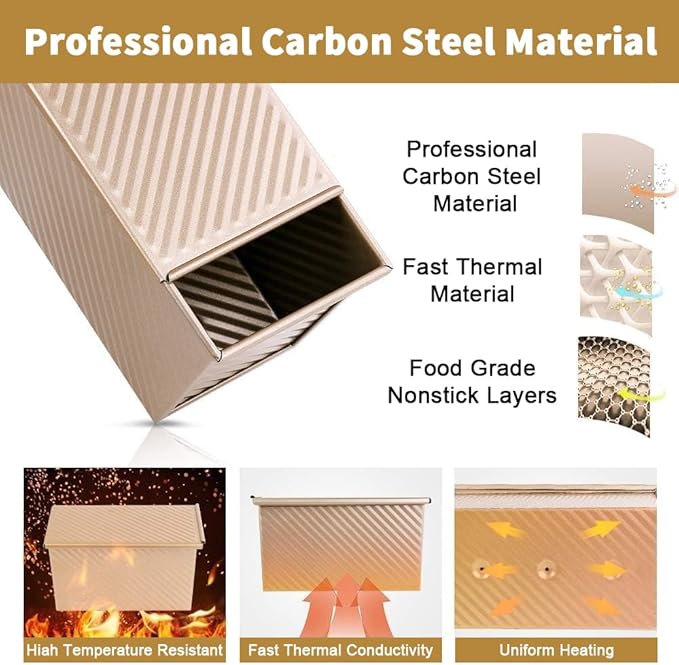 Amagabeli Pullman Loaf Pan with Lid Nonstick Bakeware 9”x4” Carbon Steel Corrugated 1 lb Bread Toast Box Mold for Cooking Oven Baking Roasting Toaster Bake Mold Homemade Cakes Baking Golden