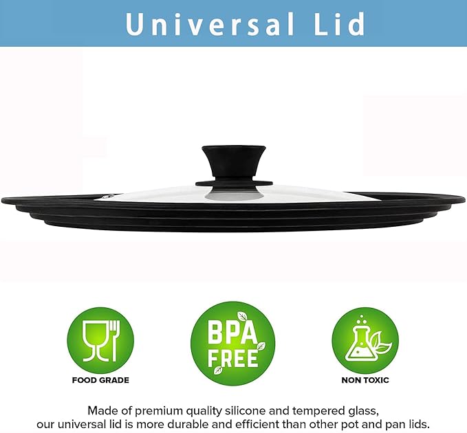 Universal Lids for Pots, Pans & Skillets - Fits 11", 12" and 12.5" Diameter Cookware, Tempered Glass with High Heat Resistant Silicone Rim, Dishwasher Safe.