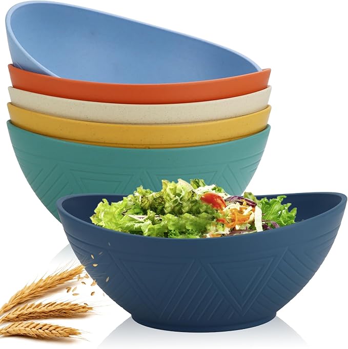 Homienly 60oz Wheat Straw Bowls Set of 6 Salad Bowls Large Popcorn Bowl Unbreakable Serving Bowls Microwave & Dishwasher Safe Bowl Set Centerpiece Bowls for Kitchen, Party, Decor, Camping (Multi)