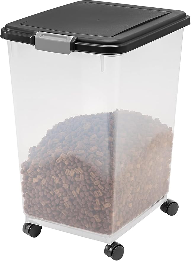 IRIS USA Airtight Dog Food Storage Container, Up to 54 lbs, Attachable Wheels, For Dog Cat Bird and Other Pet Food Storage Bin, Keep Fresh, Translucent Body, Easy Mobility, Black