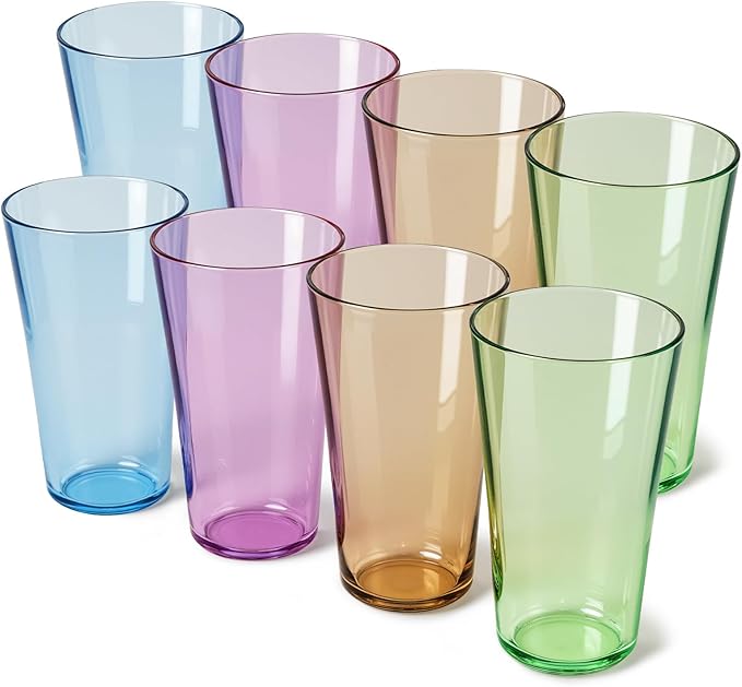 Freshmage 8 Pack Plastic Reusable Drinking Glasses, 20oz Colorful Drinking Cups, BPA-Free, Shatter-Proof, Microwave Safe, Stackable Tumblers for Home, Outdoor, Party, Picnic, Pool
