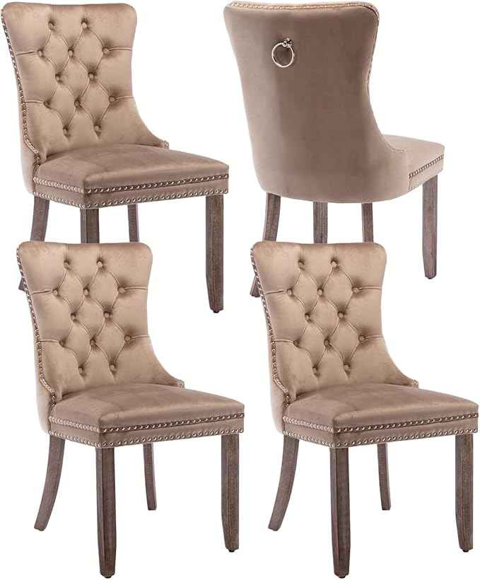 Upholstered Dining Chairs Set of 4, Velvet Dining Room Chairs with Back Ring Pull Trim and Solid Wood Legs, Tufted Wingback Kitchen Chair Perfect for Dining Room,Living Room,Kitchen(Khaki)