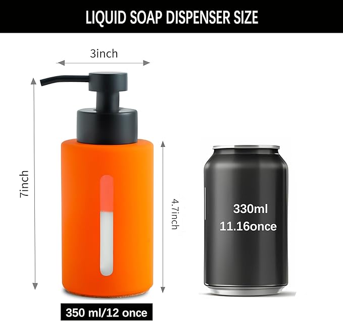 Enra Fall Glass Soap Dispenser with Window,12oz Orange Bathroom Soap Dispenser with Stainless Steel Lotion Pump,Hand Liquid Soap Dispenser Countertop for Bathroom Kitchen(Orange/Liquid Type)
