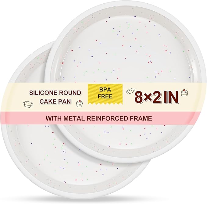 SJ 8 Inch Silicone Round Cake Pan with Metal Reinforced Frame Set of 2, Nonstick Silicone Cake Mold for Baking Suitable for Making Layers, Cheese & Chocolate Cakes