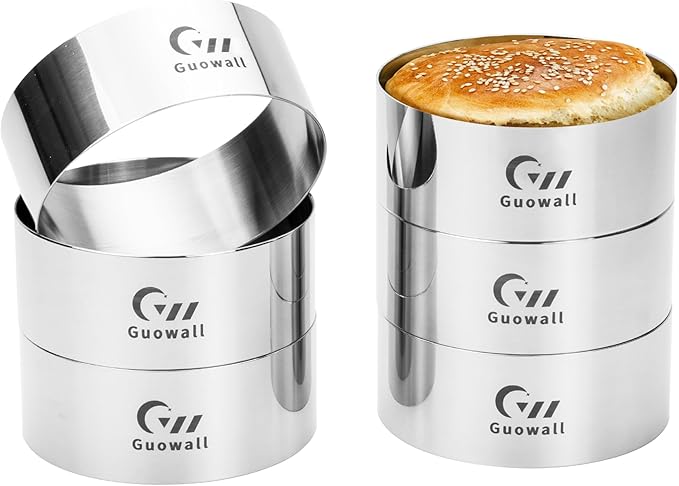 Guowall 6pcs Hamburger Bun Ring Mold, Seamless Thickened 4 inch Nonstick Crumpet Rings Stainless Steel Burger Mould, Cake Rings for Fried Eggs, Pancakes and Cookie for Baking